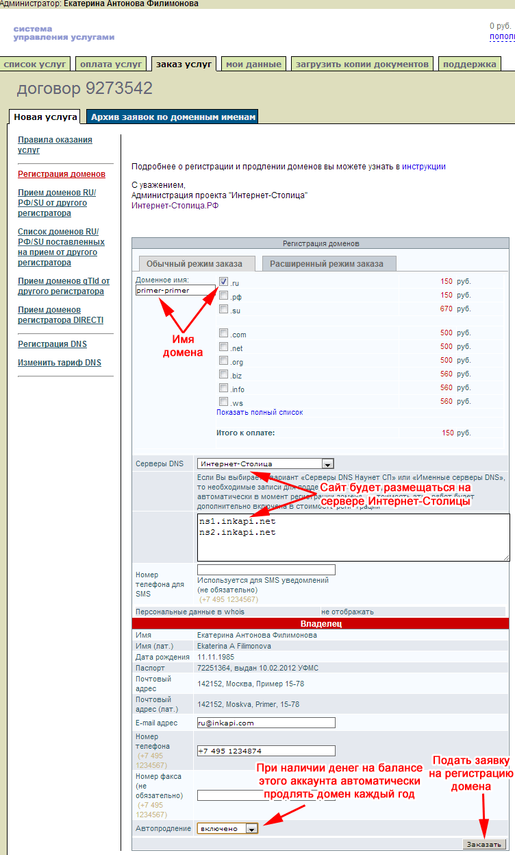 Заполнение формы регистрации домена
