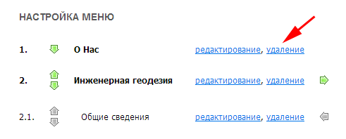 Удаление пунктов/подпунктов меню