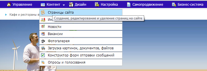 Выбор пункта ''Страницы сайта'' в меню ''Контент''
