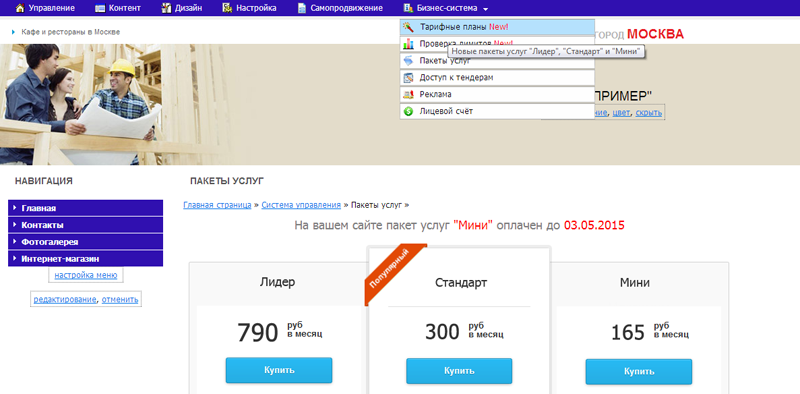 Выбираем пункт ''Тарифные планы'' в меню ''Бизнес-система''