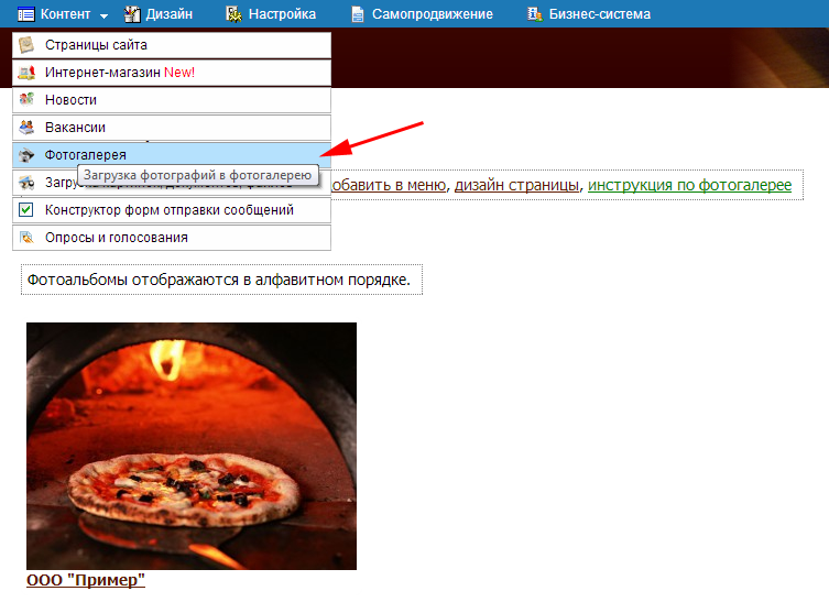 Выбираем пункт ''Фотогалерея'' в меню ''Контент''